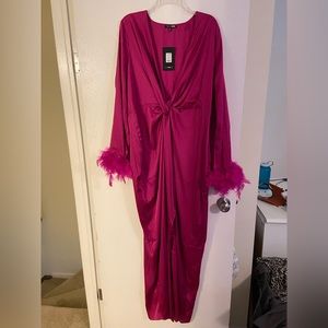 Magenta Satin Maxi Dress w/feather trim